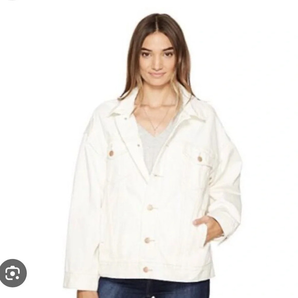 Free People Off White Denim Trucker Boyfriend Distressed Oversized Jacket XS - Picture 5 of 12